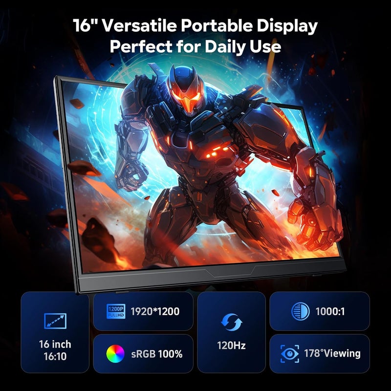Dopesplay 16" Portable Monitor 1200P FHD 100% sRGB 120Hz Portable Display with Adjustable Stand, USB-C & HDMI External Gaming Monitor & Travel Screen for Laptop Mac PC Phone Xbox PS5 Switch - Image 5